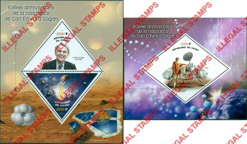Congo Republic 2019 Carl Sagan Illegal Stamp Souvenir Sheets of 2 and 1 Congo Republic 2019 Carl Sagan Illegal Stamp Souvenir Sheets of 2 and 1