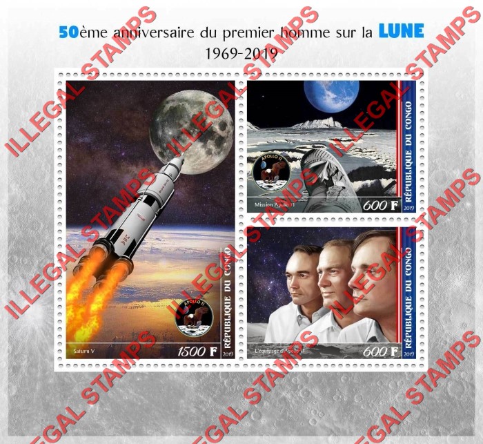 Congo Republic 2019 Space Apollo Illegal Stamp Souvenir Sheet of 3 Congo Republic 2019 Space Apollo Illegal Stamp Souvenir Sheet of 3