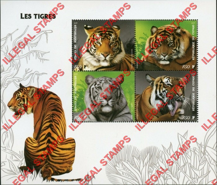 Congo Republic 2019 Tigers Illegal Stamp Souvenir Sheet of 4 Congo Republic 2019 Tigers Illegal Stamp Souvenir Sheet of 4