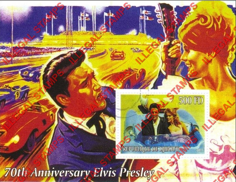 Djibouti 2005 Elvis Presley Counterfeit Illegal Stamps Souvenir Sheet of 1 Djibouti 2005 Elvis Presley Counterfeit Illegal Stamps Souvenir Sheet of 1
