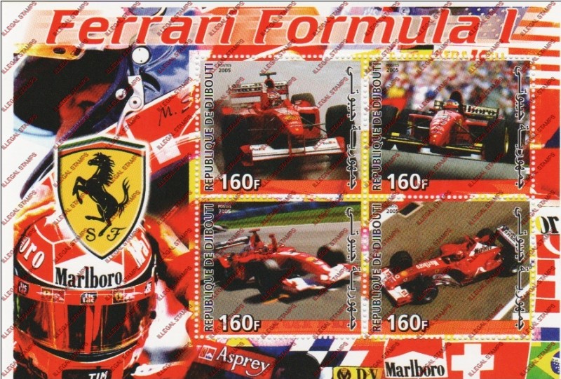 Djibouti 2005 Ferrari Formula I Illegal Stamp Souvenir Sheet of 4 Djibouti 2005 Ferrari Formula I Illegal Stamp Souvenir Sheet of 4