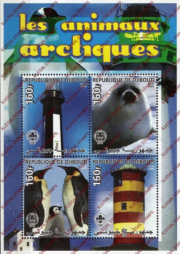 Djibouti 2005 Lighthouses and Arctic Animals Illegal Stamp Souvenir Sheet of 4 Djibouti 2005 Lighthouses and Arctic Animals Illegal Stamp Souvenir Sheet of 4