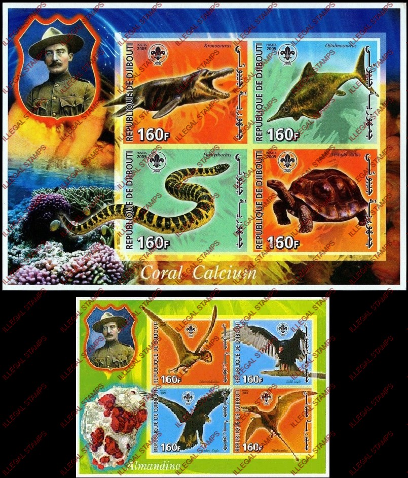 Djibouti 2005 Prehistoric Animals Illegal Stamp Souvenir Sheets of 4 Djibouti 2005 Prehistoric Animals Illegal Stamp Souvenir Sheets of 4