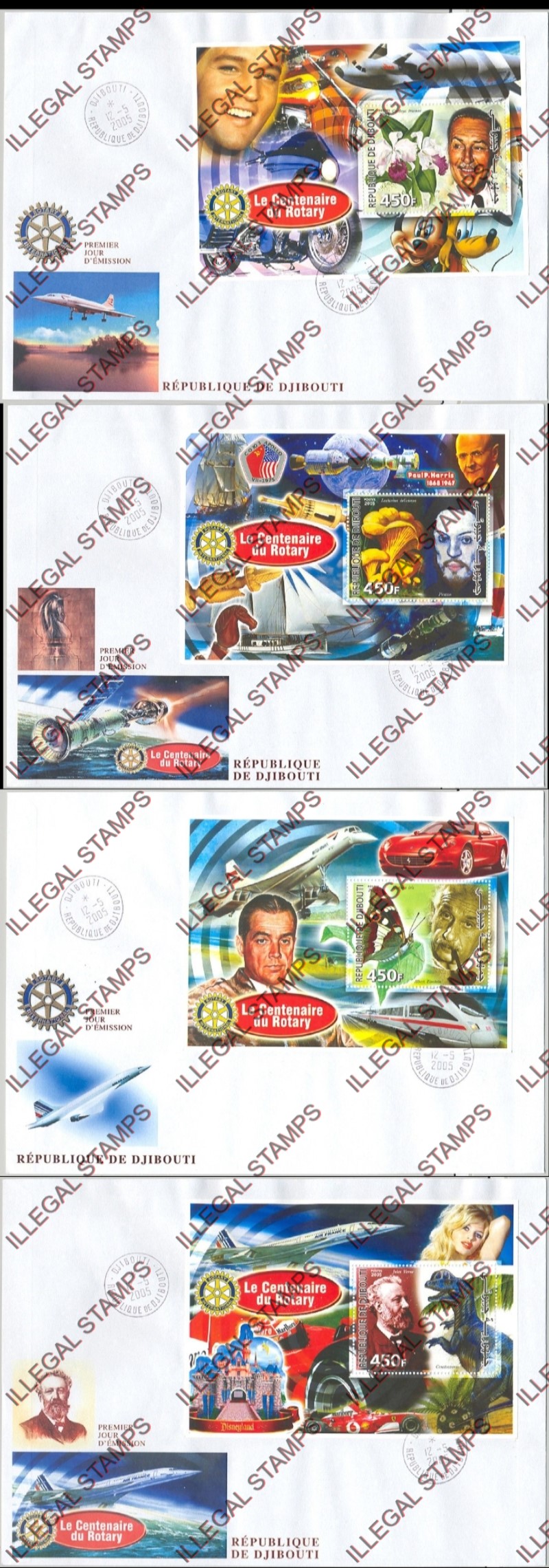 Djibouti 2005 Centenary of Rotary International Illegal Stamp Souvenir Sheets on Bogus First Day Covers Djibouti 2005 Centenary of Rotary International Illegal Stamp Souvenir Sheets on Bogus First Day Covers