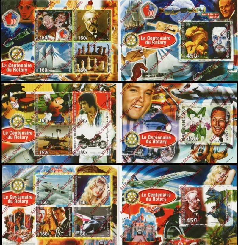 Djibouti 2005 Centenary of Rotary International Illegal Stamp Souvenir Sheets of 4 and 1 Djibouti 2005 Centenary of Rotary International Illegal Stamp Souvenir Sheets of 4 and 1