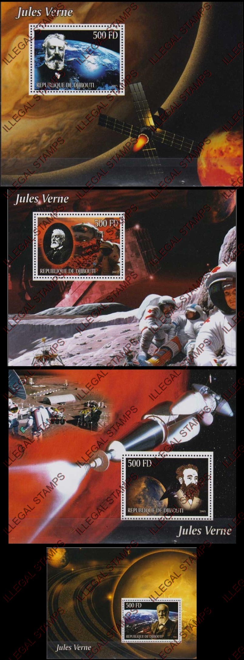 Djibouti 2005 Space Jules Verne Illegal Stamp Souvenir Sheets of 1 Djibouti 2005 Space Jules Verne Illegal Stamp Souvenir Sheets of 1