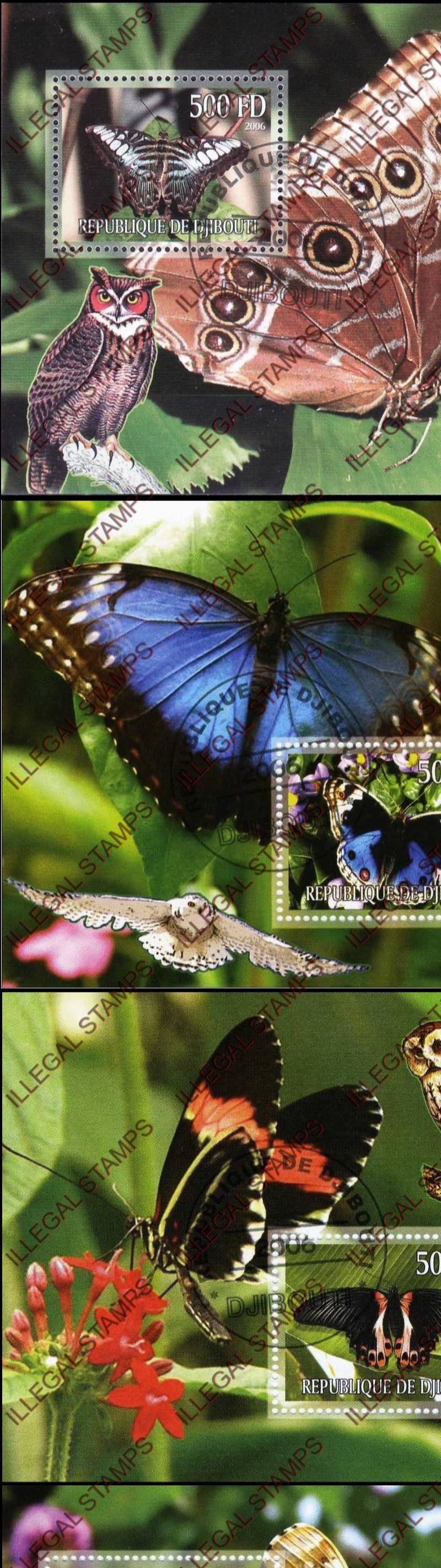 Djibouti 2006 Butterflies and Owls Illegal Stamp Souvenir Sheets of 1 Djibouti 2006 Butterflies and Owls Illegal Stamp Souvenir Sheets of 1