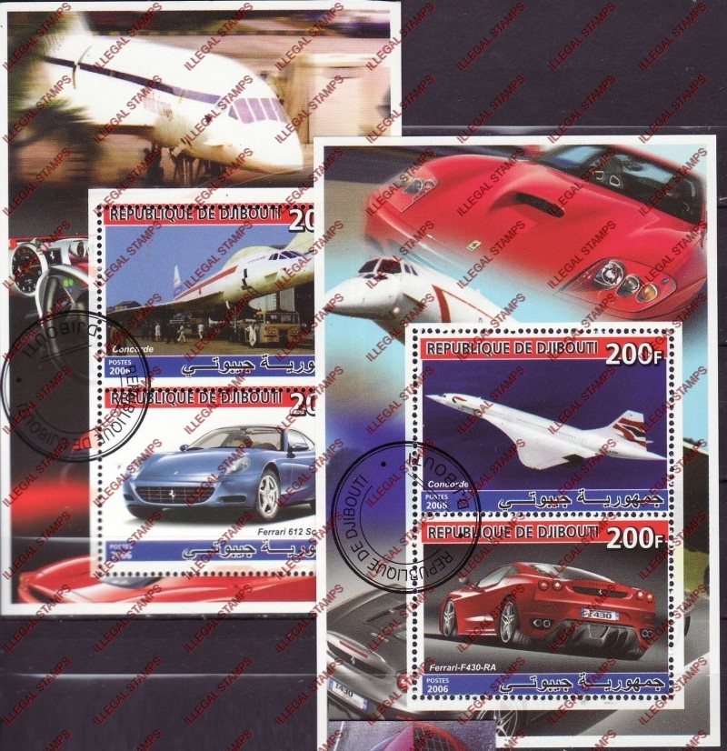 Djibouti 2006 Concorde and Ferrari Illegal Stamp Souvenir Sheets of 2 Djibouti 2006 Concorde and Ferrari Illegal Stamp Souvenir Sheets of 2