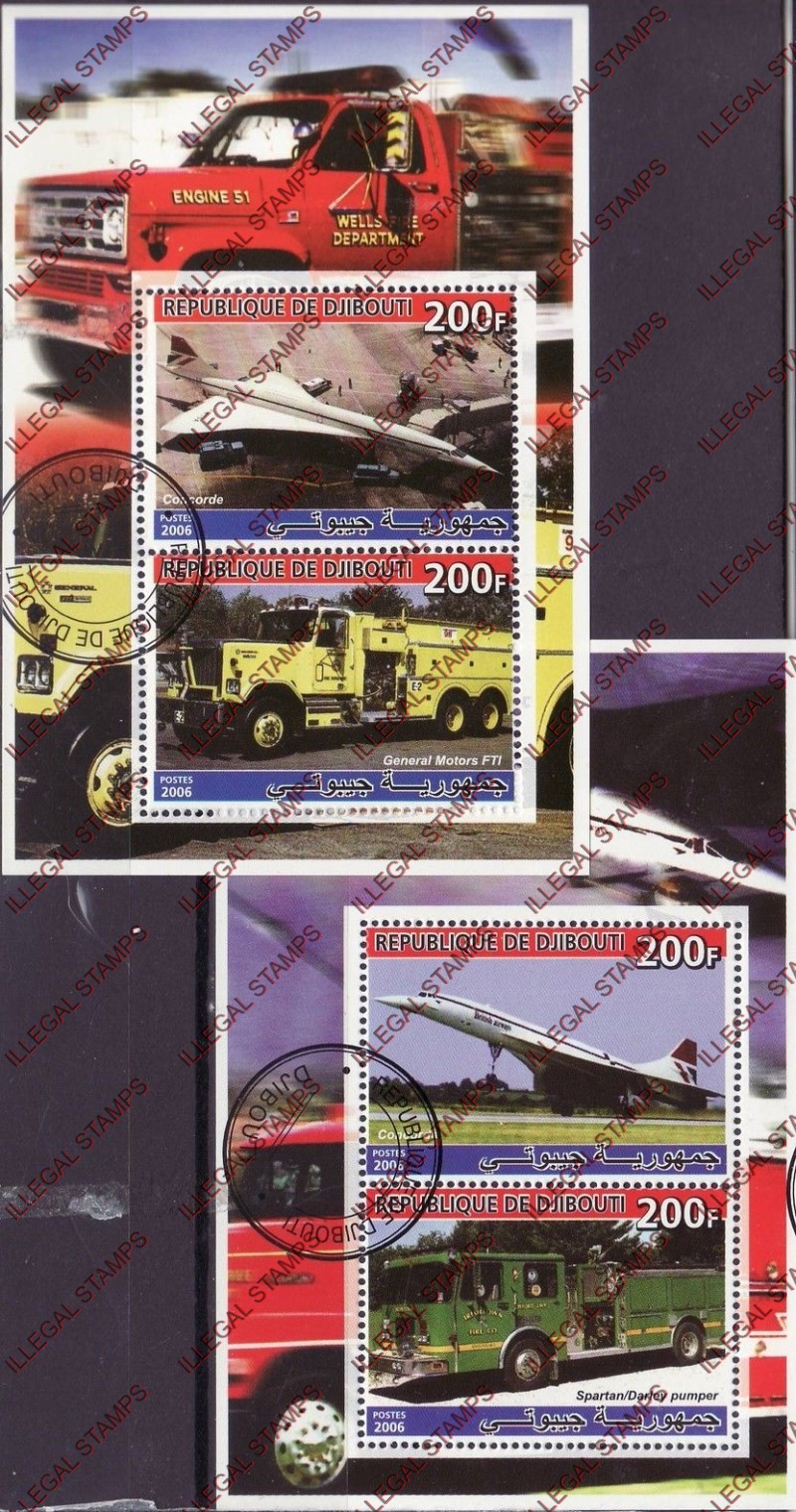 Djibouti 2006 Concorde and Fire Engines Illegal Stamp Souvenir Sheets of 2 Djibouti 2006 Concorde and Fire Engines Illegal Stamp Souvenir Sheets of 2