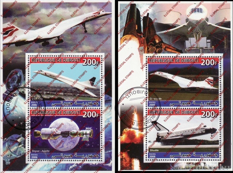 Djibouti 2006 Concorde and Apollo-Soyuz and Space Shuttle Illegal Stamp Souvenir Sheets of 2 Djibouti 2006 Concorde and Apollo-Soyuz and Space Shuttle Illegal Stamp Souvenir Sheets of 2