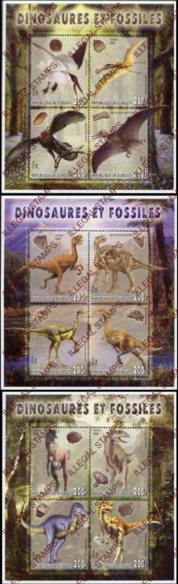Djibouti 2006 Dinosaurs and Fossils Illegal Stamp Souvenir Sheets of 4 Djibouti 2006 Dinosaurs and Fossils Illegal Stamp Souvenir Sheets of 4