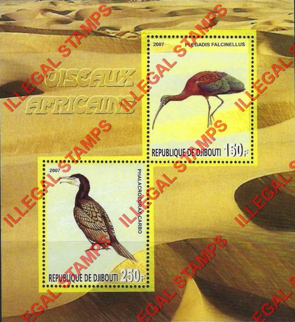 Djibouti 2007 African Birds Illegal Stamp Souvenir Sheet of 2 Djibouti 2007 African Birds Illegal Stamp Souvenir Sheet of 2
