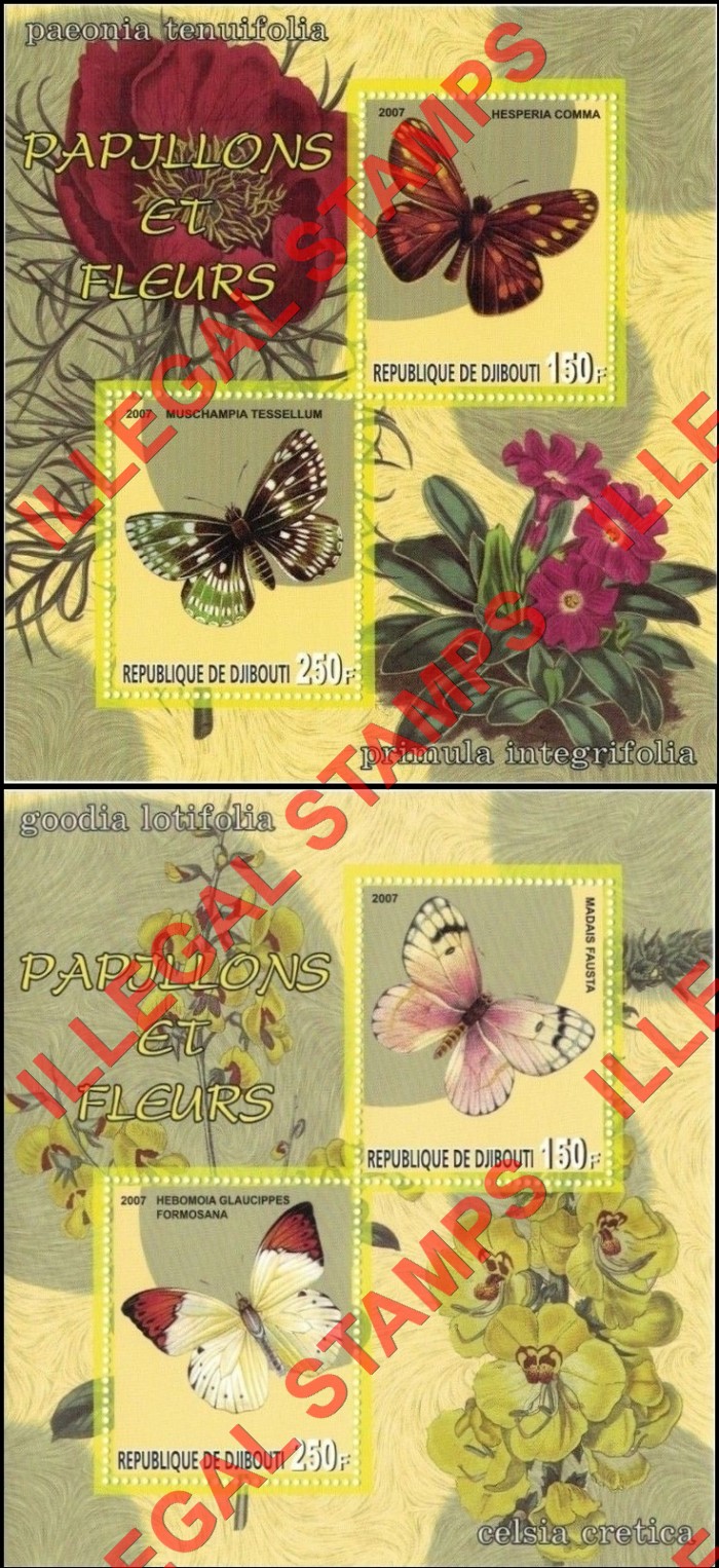 Djibouti 2007 Butterflies and Flowers Illegal Stamp Souvenir Sheets of 2 Djibouti 2007 Butterflies and Flowers Illegal Stamp Souvenir Sheets of 2
