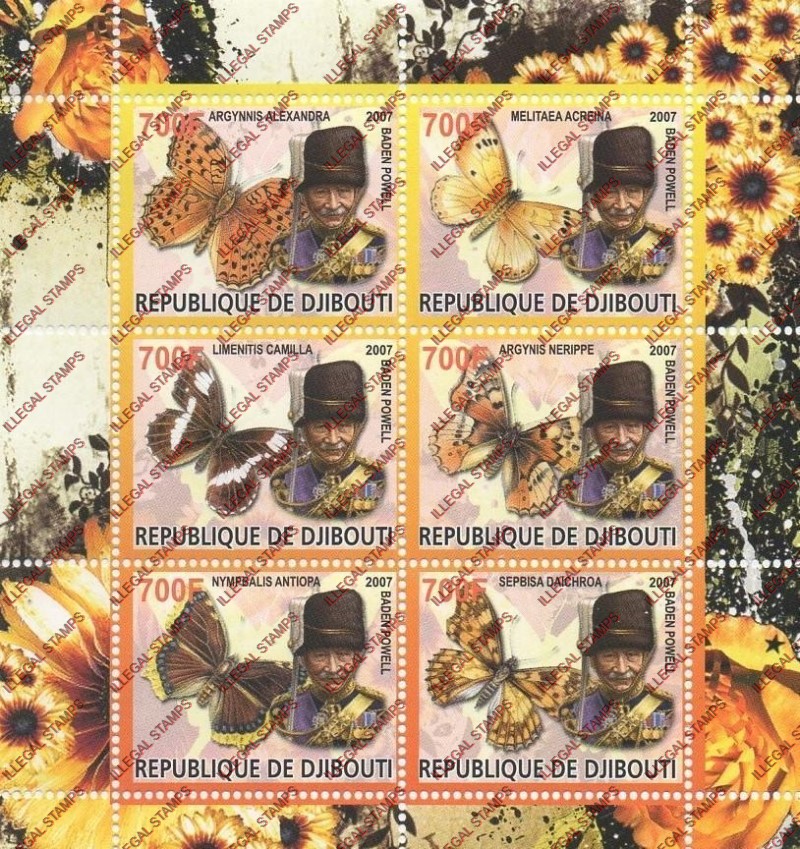 Djibouti 2007 Butterflies and Baden Powell Illegal Stamp Souvenir Sheetlet of 6 Djibouti 2007 Butterflies and Baden Powell Illegal Stamp Souvenir Sheetlet of 6