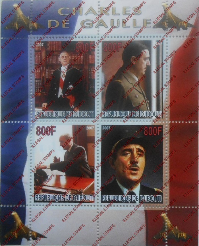 Djibouti 2007 Charles de Gaulle Illegal Stamp Souvenir Sheet of 4 Djibouti 2007 Charles de Gaulle Illegal Stamp Souvenir Sheet of 4