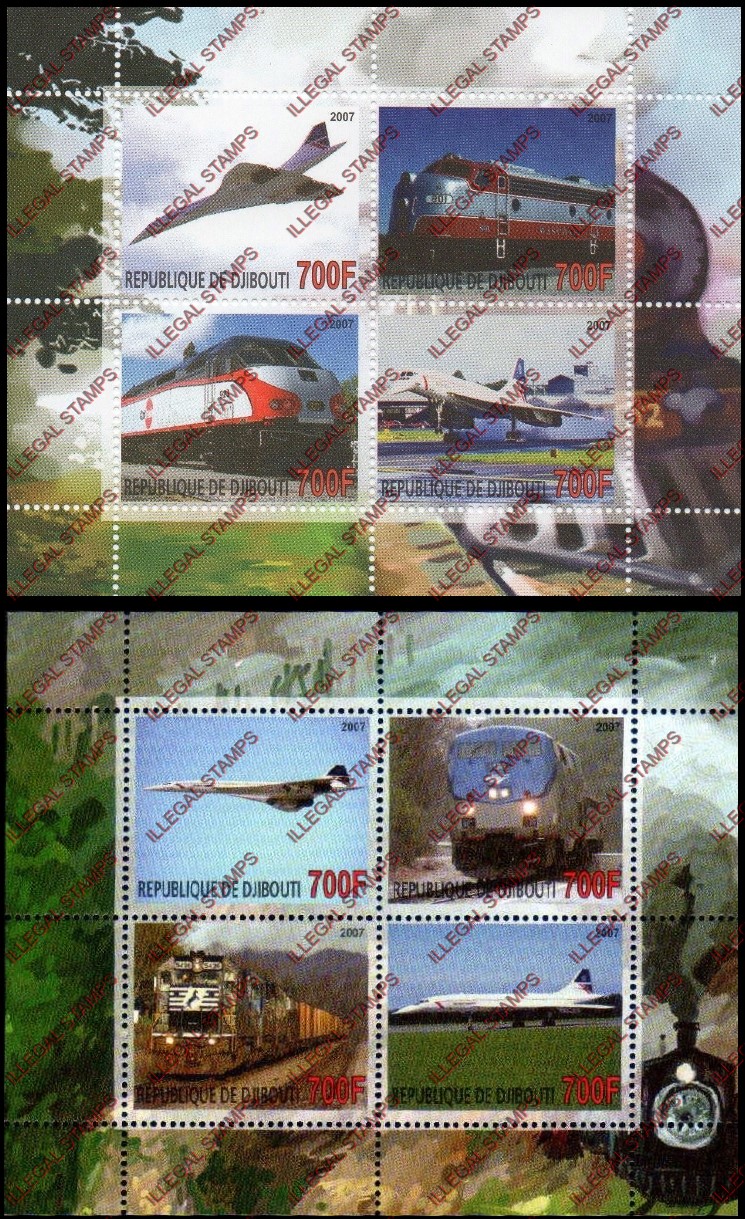 Djibouti 2007 Concorde and Trains Illegal Stamp Souvenir Sheets of 4 Djibouti 2007 Concorde and Trains Illegal Stamp Souvenir Sheets of 4