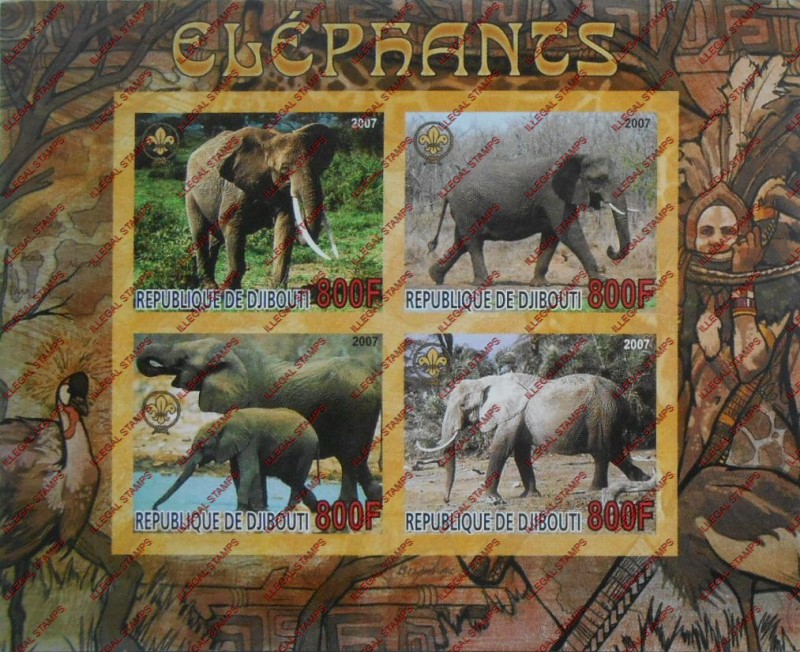 Djibouti 2007 Elephants Illegal Stamp Souvenir Sheet of 4 Djibouti 2007 Elephants Illegal Stamp Souvenir Sheet of 4