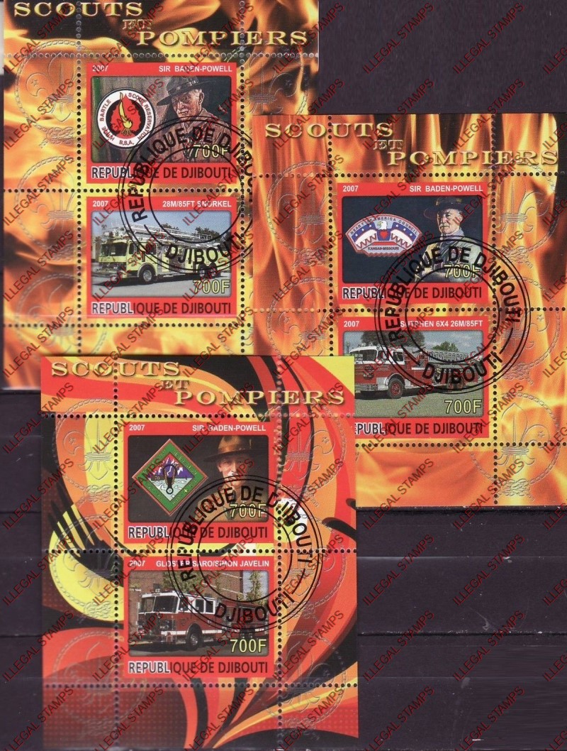 Djibouti 2007 Fire Engines and Scouts Illegal Stamp Souvenir Sheets of 2 Djibouti 2007 Fire Engines and Scouts Illegal Stamp Souvenir Sheets of 2