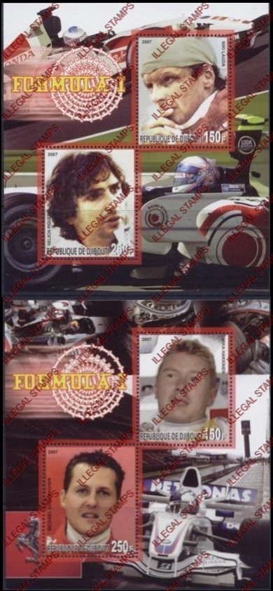 Djibouti 2007 Formula I Drivers Illegal Stamp Souvenir Sheets of 2 Djibouti 2007 Formula I Drivers Illegal Stamp Souvenir Sheets of 2