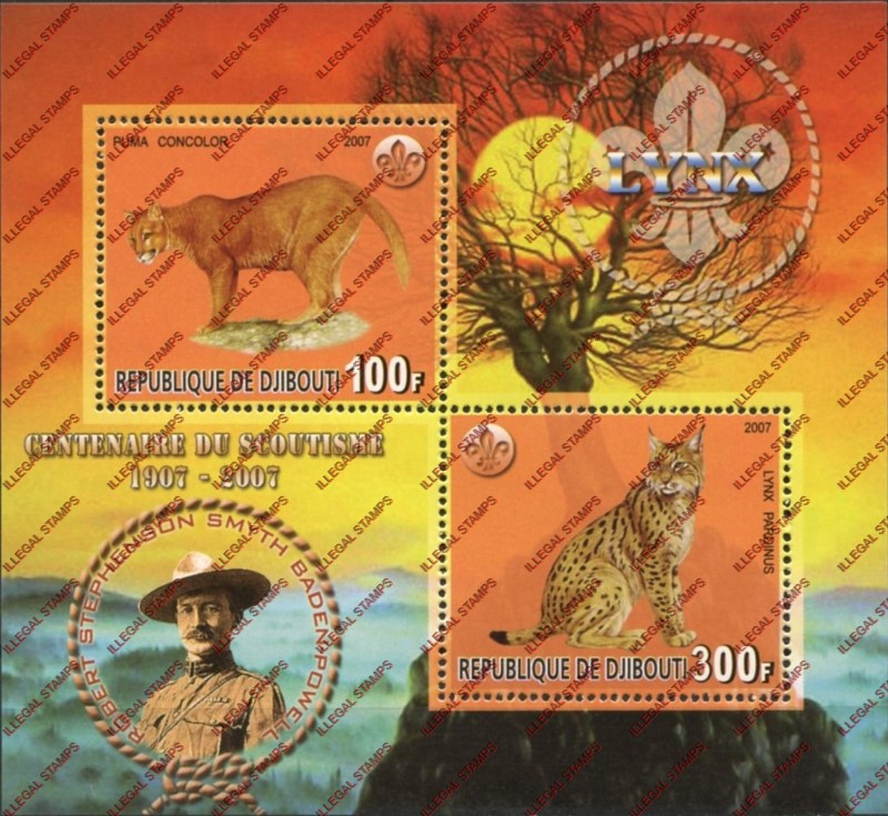 Djibouti 2007 Lynx and Scouts Illegal Stamp Souvenir Sheet of 2 Djibouti 2007 Lynx and Scouts Illegal Stamp Souvenir Sheet of 2