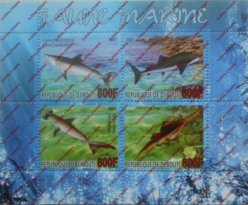 Djibouti 2007 Marine Fauna Illegal Stamp Souvenir Sheet of 4 Djibouti 2007 Marine Fauna Illegal Stamp Souvenir Sheet of 4
