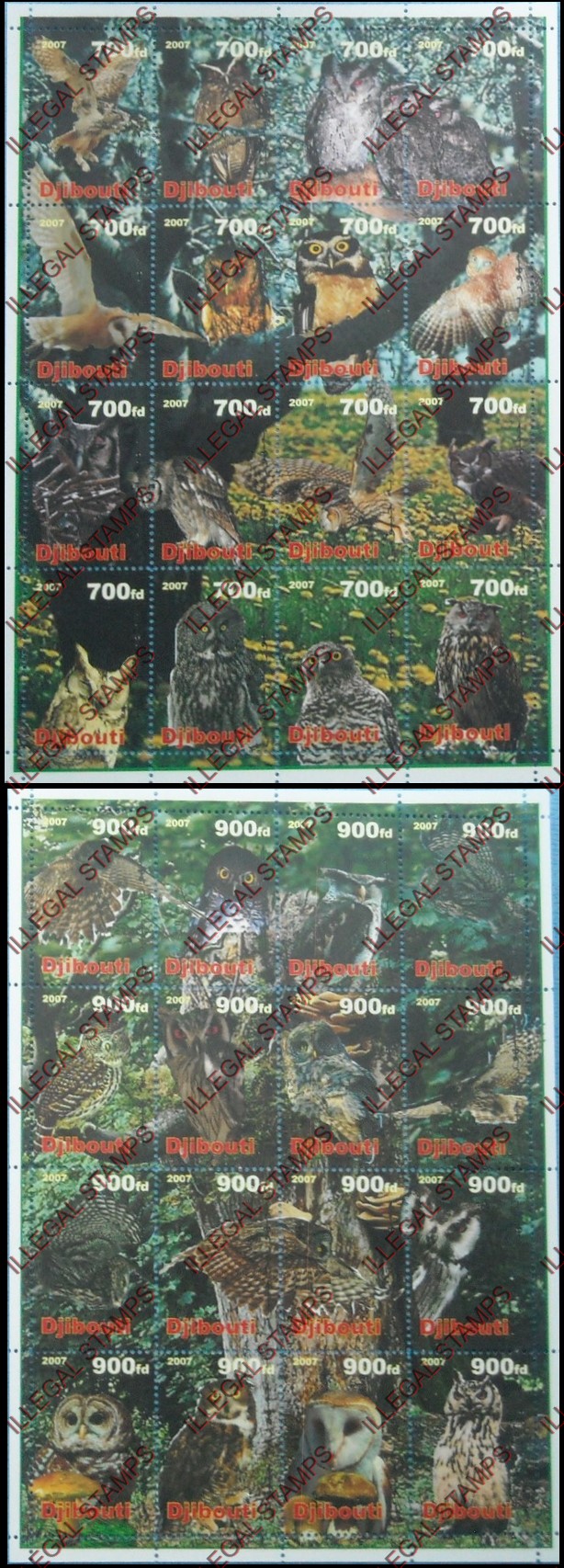 Djibouti 2007 Owls Illegal Stamp Sheetlets of 16 Djibouti 2007 Owls Illegal Stamp Sheetlets of 16