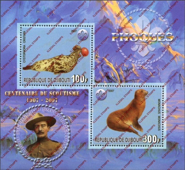 Djibouti 2007 Seals and Scouts Illegal Stamp Souvenir Sheet of 2 Djibouti 2007 Seals and Scouts Illegal Stamp Souvenir Sheet of 2