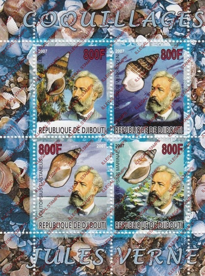 Djibouti 2007 Shells and Jules Verne Illegal Stamp Souvenir Sheet of 4 Djibouti 2007 Shells and Jules Verne Illegal Stamp Souvenir Sheet of 4