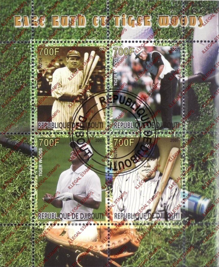 Djibouti 2007 Tiger Woods and Babe Ruth Illegal Stamp Souvenir Sheet of 4 Djibouti 2007 Tiger Woods and Babe Ruth Illegal Stamp Souvenir Sheet of 4