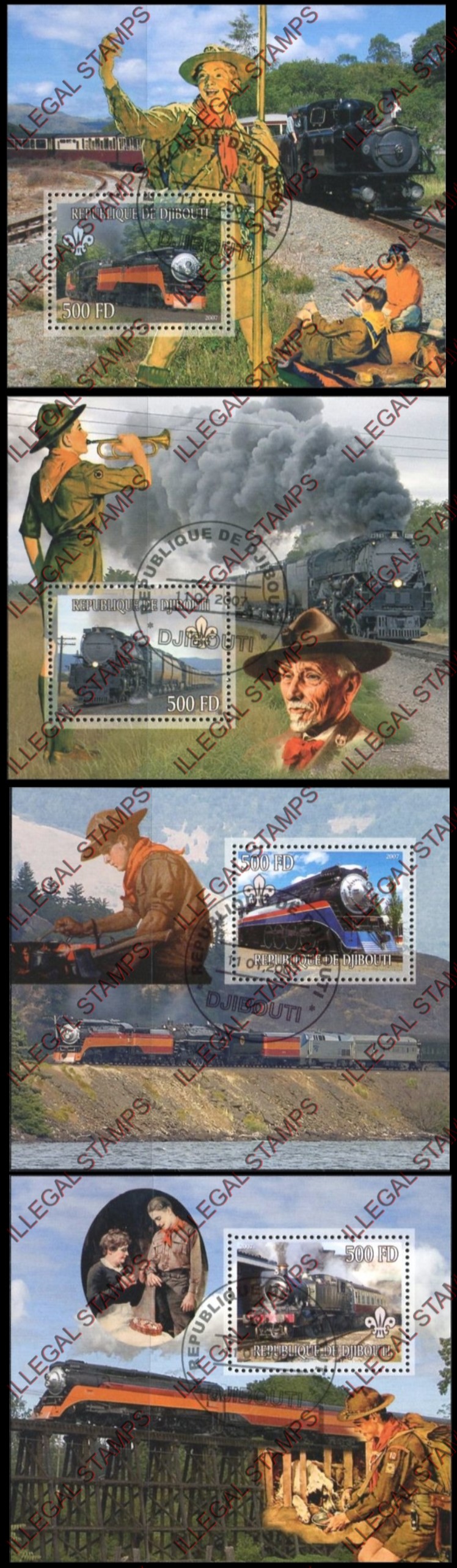 Djibouti 2007 Trains and Scouts Illegal Stamp Souvenir Sheets of 1 Djibouti 2007 Trains and Scouts Illegal Stamp Souvenir Sheets of 1