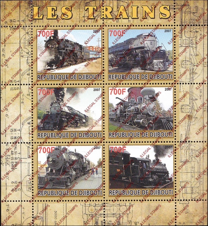 Djibouti 2007 Trains Illegal Stamp Souvenir Sheetlet of 6 Djibouti 2007 Trains Illegal Stamp Souvenir Sheetlet of 6
