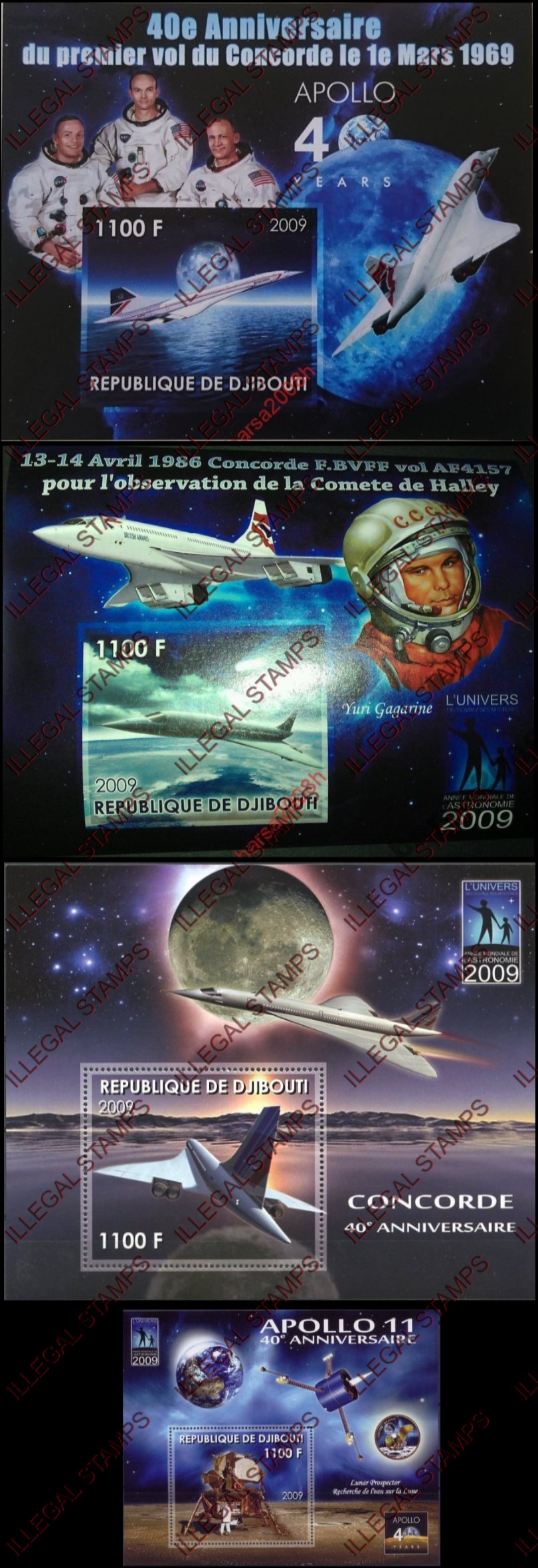 Djibouti 2009 Astronomy Concorde, Gagarin and Apollo Illegal Stamp Souvenir Sheets of 1 Djibouti 2009 Astronomy Concorde, Gagarin and Apollo Illegal Stamp Souvenir Sheets of 1