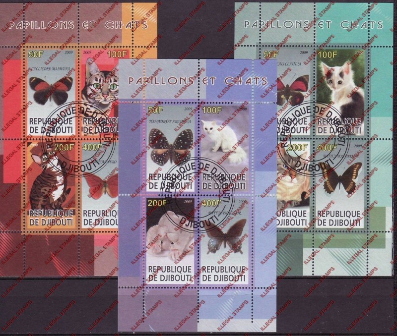 Djibouti 2009 Butterflies and Cats Illegal Stamp Souvenir Sheets of 4 Djibouti 2009 Butterflies and Cats Illegal Stamp Souvenir Sheets of 4