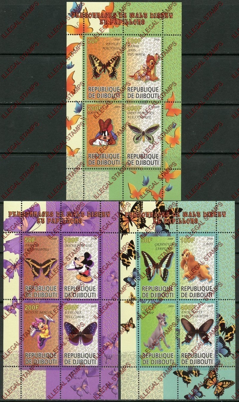 Djibouti 2009 Butterflies and Disney Characters Illegal Stamp Souvenir Sheets of 4 Djibouti 2009 Butterflies and Disney Characters Illegal Stamp Souvenir Sheets of 4