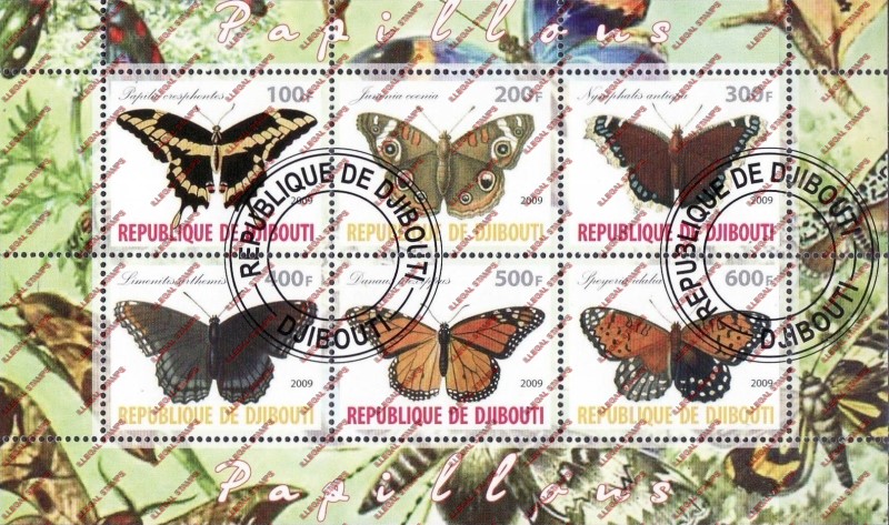 Djibouti 2009 Butterflies Illegal Stamp Sheetlet of 6 Djibouti 2009 Butterflies Illegal Stamp Sheetlet of 6