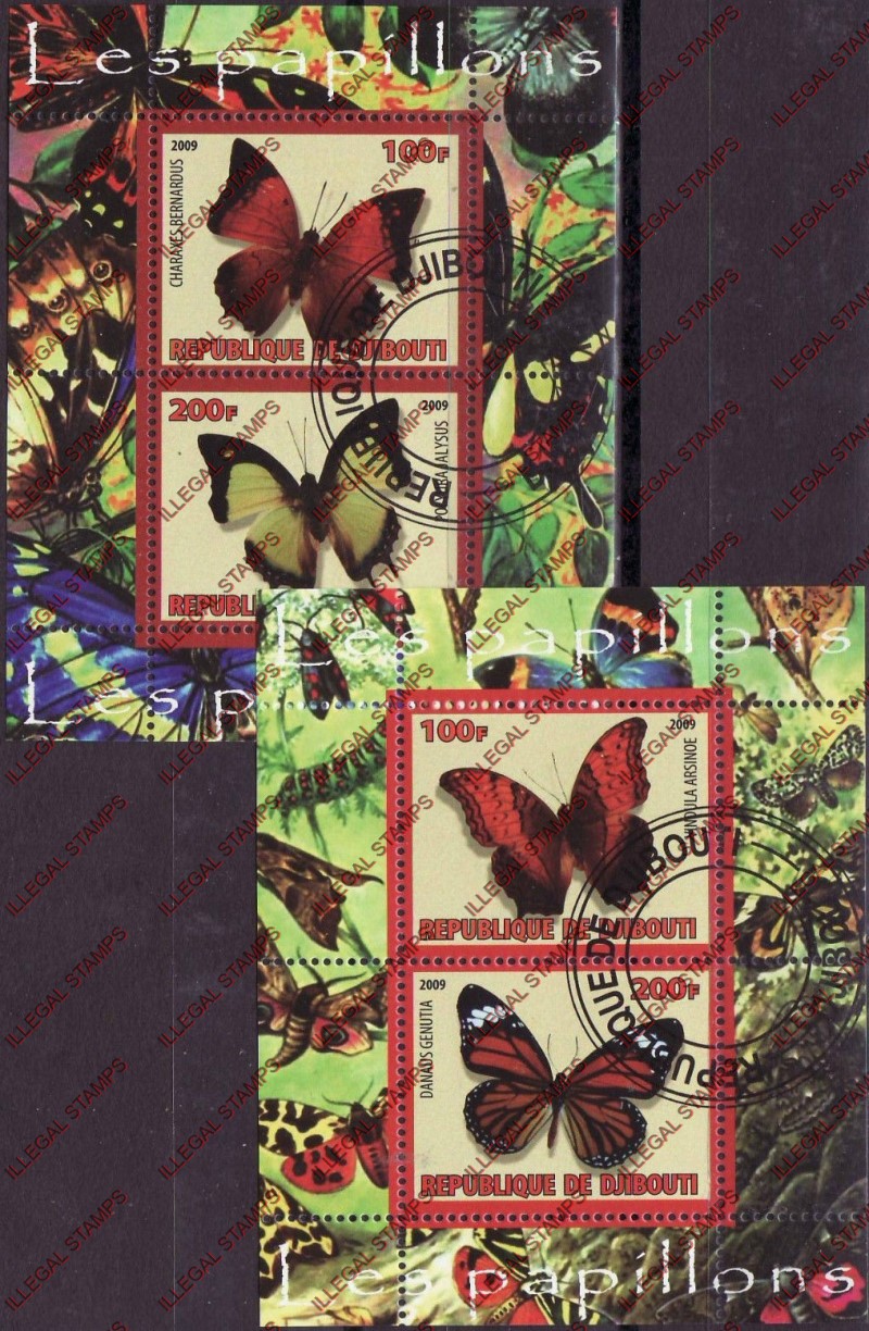 Djibouti 2009 Butterflies Illegal Stamp Souvenir Sheets of 2 Djibouti 2009 Butterflies Illegal Stamp Souvenir Sheets of 2