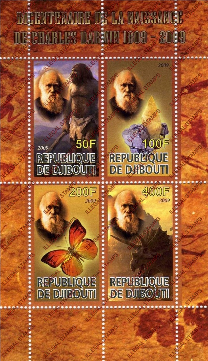 Djibouti 2009 Charles Darwin Illegal Stamp Souvenir Sheet of 4 Djibouti 2009 Charles Darwin Illegal Stamp Souvenir Sheet of 4