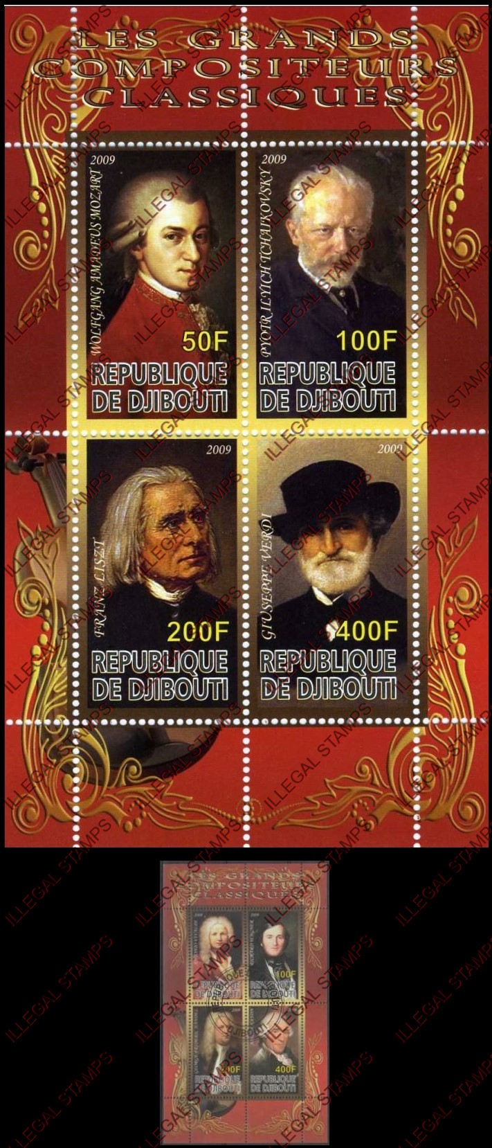 Djibouti 2009 Composers Illegal Stamp Souvenir Sheets of 4 Djibouti 2009 Composers Illegal Stamp Souvenir Sheets of 4