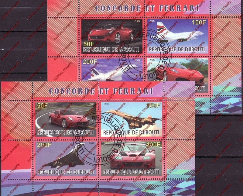 Djibouti 2009 Concorde and Ferrari Illegal Stamp Souvenir Sheets of 4 Djibouti 2009 Concorde and Ferrari Illegal Stamp Souvenir Sheets of 4