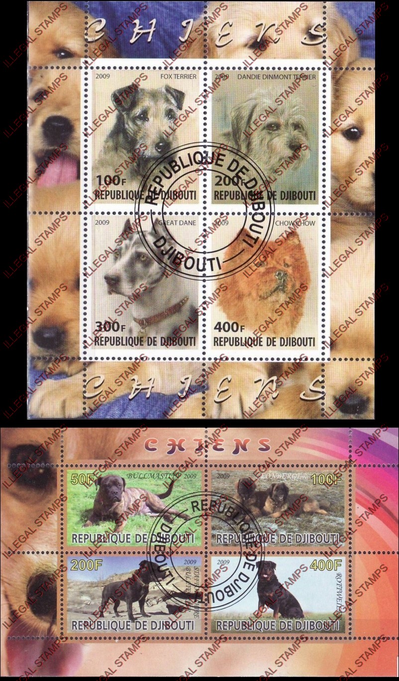Djibouti 2009 Dogs Illegal Stamp Souvenir Sheets of 4 Djibouti 2009 Dogs Illegal Stamp Souvenir Sheets of 4