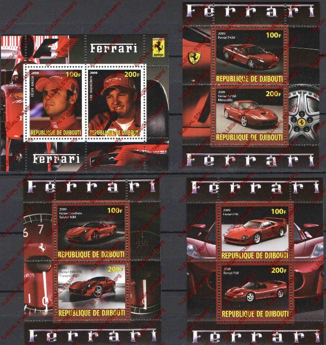 Djibouti 2009 Ferrari Illegal Stamp Souvenir Sheets of 2 Djibouti 2009 Ferrari Illegal Stamp Souvenir Sheets of 2