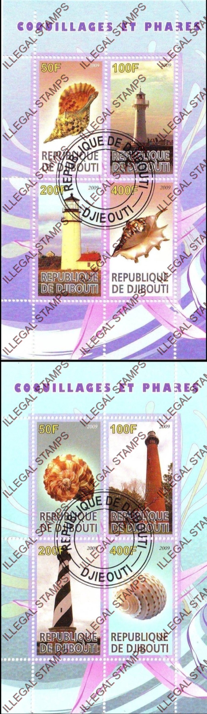 Djibouti 2009 Lighthouses and Shells Illegal Stamp Souvenir Sheets of 4 Djibouti 2009 Lighthouses and Shells Illegal Stamp Souvenir Sheets of 4