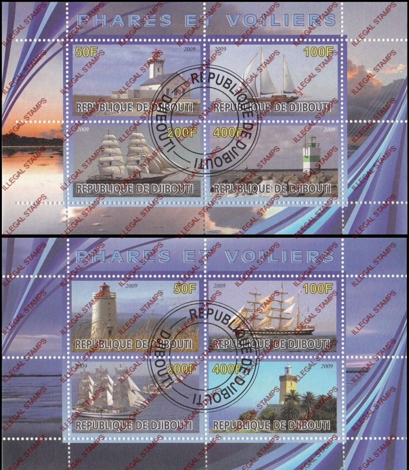 Djibouti 2009 Lighthouses and Ships Illegal Stamp Souvenir Sheets of 4 Djibouti 2009 Lighthouses and Ships Illegal Stamp Souvenir Sheets of 4
