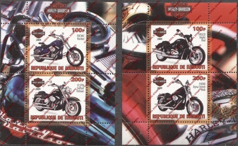 Djibouti 2009 Motorcycles Harley Davidson Illegal Stamp Souvenir Sheets of 2 Djibouti 2009 Motorcycles Harley Davidson Illegal Stamp Souvenir Sheets of 2