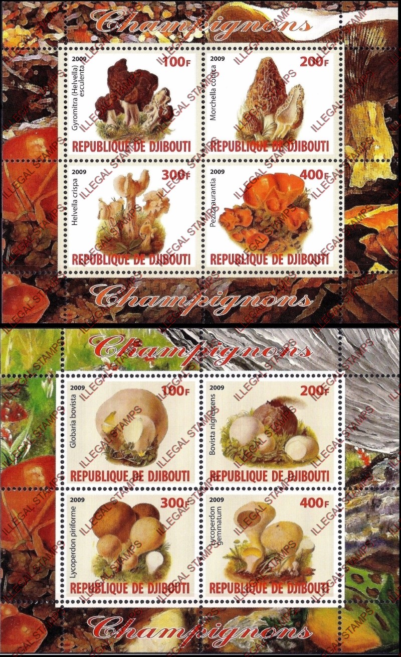 Djibouti 2009 Mushrooms Illegal Stamp Souvenir Sheets of 4 Djibouti 2009 Mushrooms Illegal Stamp Souvenir Sheets of 4
