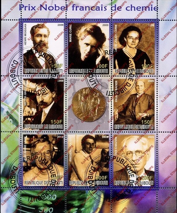 Djibouti 2009 Nobel Prize Winners Illegal Stamp Sheetlet of 9 Djibouti 2009 Nobel Prize Winners Illegal Stamp Sheetlet of 9