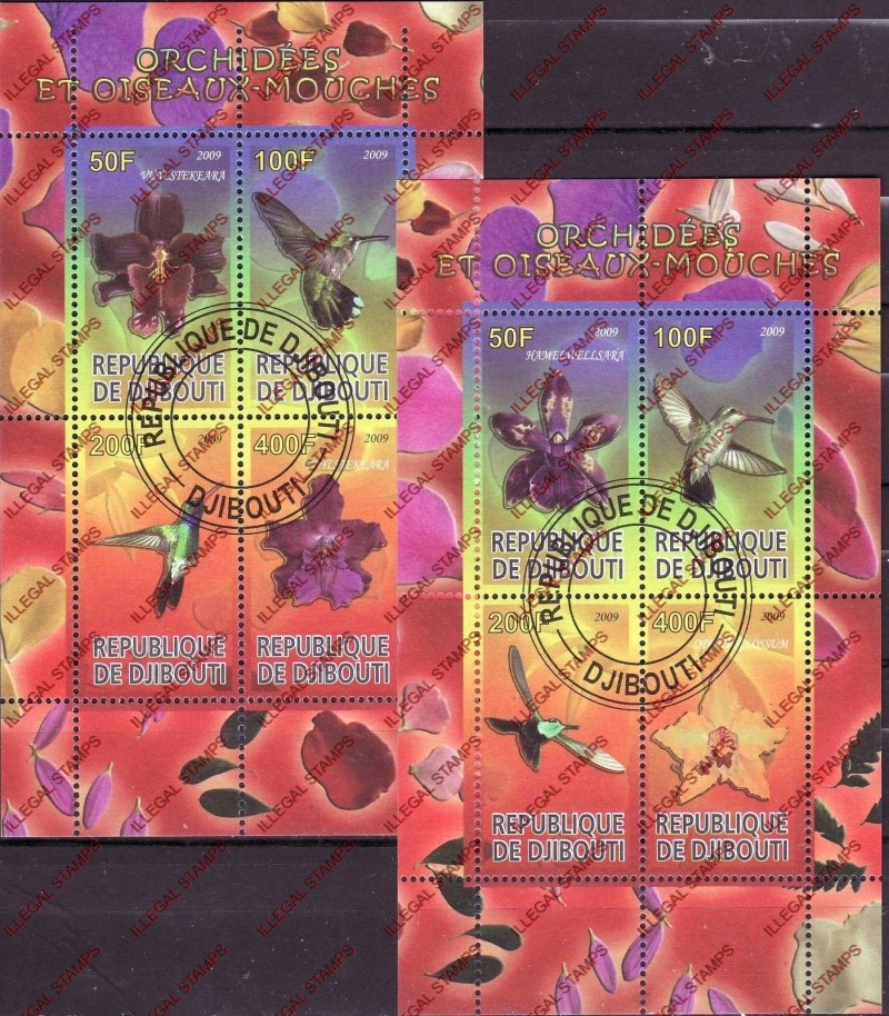 Djibouti 2009 Orchids and Birds Illegal Stamp Souvenir Sheets of 4 Djibouti 2009 Orchids and Birds Illegal Stamp Souvenir Sheets of 4