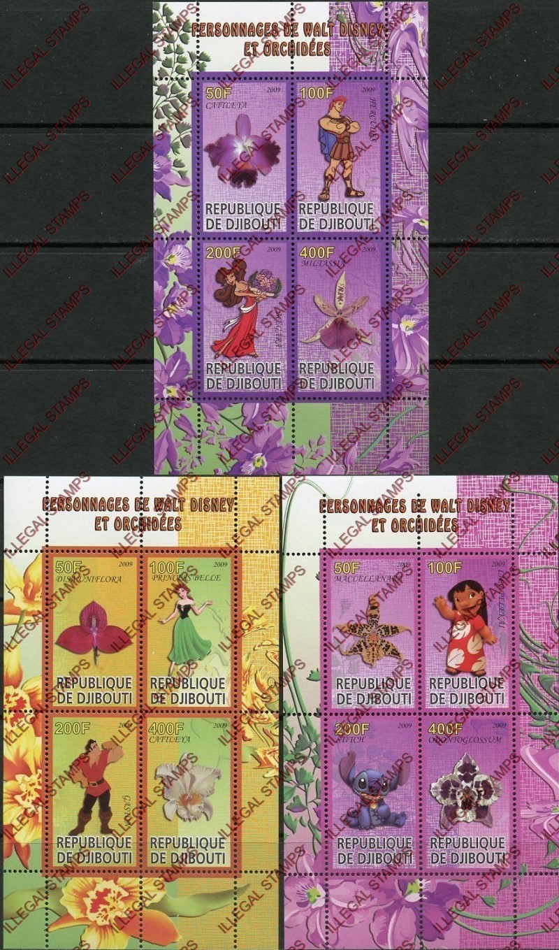 Djibouti 2009 Orchids and Disney Characters Illegal Stamp Souvenir Sheets of 4 Djibouti 2009 Orchids and Disney Characters Illegal Stamp Souvenir Sheets of 4