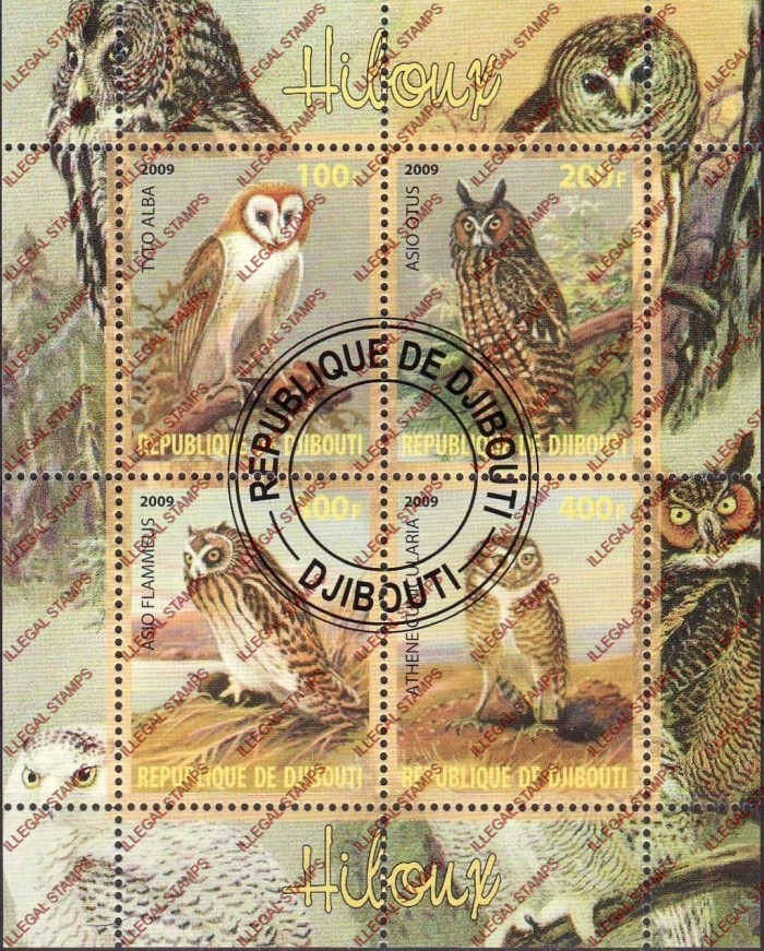 Djibouti 2009 Owls Illegal Stamp Souvenir Sheet of 4 Djibouti 2009 Owls Illegal Stamp Souvenir Sheet of 4