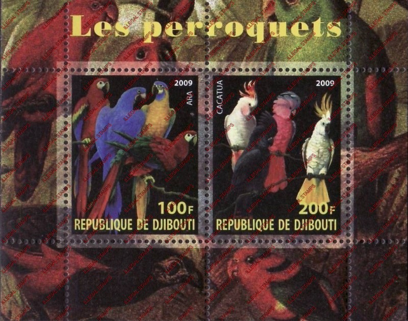 Djibouti 2009 Parrots Illegal Stamp Souvenir Sheet of 2 Djibouti 2009 Parrots Illegal Stamp Souvenir Sheet of 2